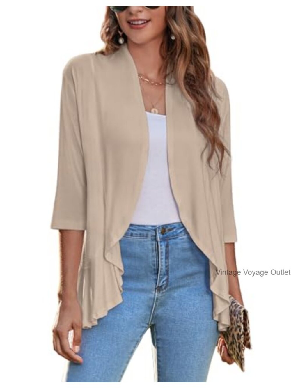 Lightweight Open Front Cardigan 3/4 Sleeve Draped Ruffles Spring Summer